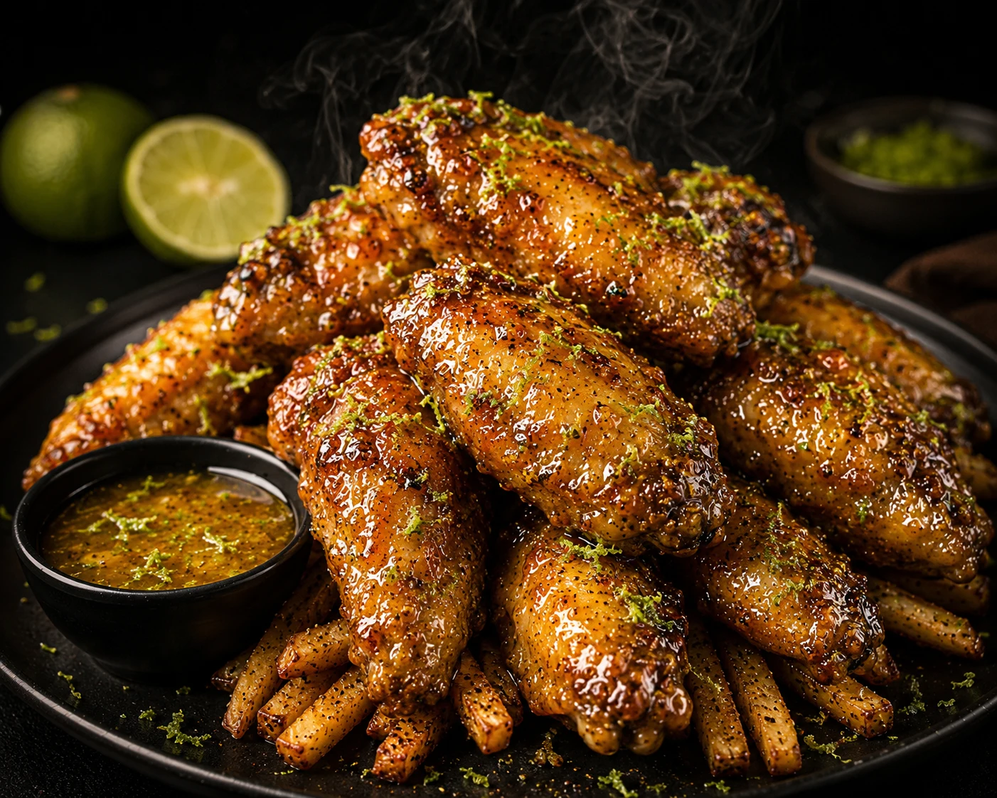 Lime-pepper glazed Broski's wings served over seasoned fries